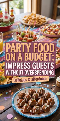A colorful table setting features a variety of budget-friendly party food, including fruit skewers, nachos, and snacks, with decorations and drinks suitable for a birthday celebration.