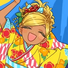 a woman in a yellow kimono with her hand up to the side and smiling