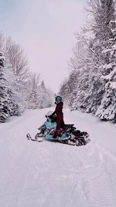 a person on a snowmobile in the middle of a snowy road with trees behind them