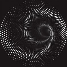 an abstract black and white spiral design with dots in the center on a black background