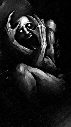 a black and white drawing of a creepy looking person with his head in the air