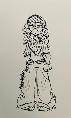 a black and white drawing of a girl with glasses on her face, standing in front of a wall