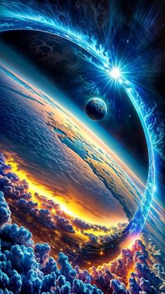 the earth is surrounded by clouds and bright blue lights, as if it were floating in space