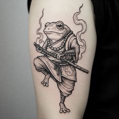 Ninja Frog Tattoo, Warrior Frog Tattoo, Frog Knight Tattoo, Battle Frog Tattoo, Frog Swordsman Tattoo, Samurai Frog Tattoo Ideas, Samurai Frog Tattoo Black And White, Samurai Frog Tattoo, Rana Samurai Tattoo
