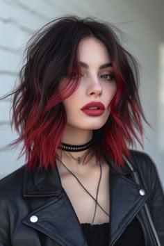 Streaks Hair Color, Red Color Hair Highlights, Vampire Hair Color Ideas, Shadow Root Hair Color, Black Roots And Red Hair, Dye Tips Of Hair, Brown Hair Red Front Pieces, Colors For Black Hair, Red And Brown Hair Short