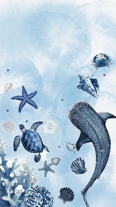 an underwater scene with sea animals and starfish in blue watercolor on white paper