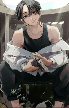 an anime character sitting down with his arms crossed