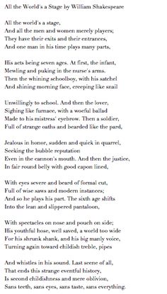 a poem written in black and white with the words, all the world's stage by william shakespeare