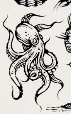 an octopus and squid are depicted in this black and white drawing