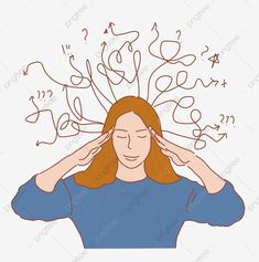 a woman is holding her hands to her head with question marks coming out of her hair