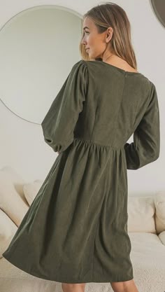 The Evelyn Corduroy Dress: Square Neck, Balloon Sleeves, and Pockets - Oh My! Corduroy Dress Outfit Winter, Curdory Dress, Fall Curdoroy Dress, Corduroy Long Sleeve Dresses For Fall, Courdory Long Sleeve Dress, Long Sleeve Corduroy Dress For Fall, Long Sleeve Corduroy Dress, Casual Corduroy Winter Dress, Green Corduroy Dress