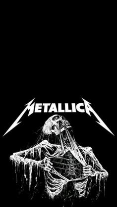 the cover art for metallic's album, featuring an image of a skeleton sitting in front of a mountain