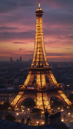 the eiffel tower lit up at night with lights on it's sides