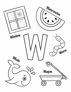 the letter w is for watermelon and other things that are outlined in black and white