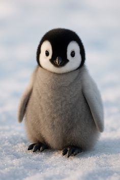 a small penguin standing in the snow with it's eyes open and one eye wide open