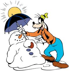goofy with an umbrella standing next to a snowman