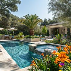 an outdoor swimming pool surrounded by trees and flowers
