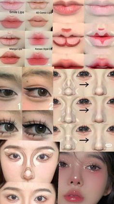 Korean Makeup Tips, Asian Makeup Tutorials, Makeup Routine Guide, Cute Eye Makeup, Makeup Face Charts, Simple Makeup Tips, Doll Eye Makeup, Lip Makeup Tutorial, Beauty Makeup Tutorial