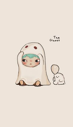 a drawing of a ghost next to a small white dog on a light colored background