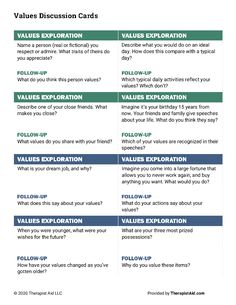 Values Discussion Cards | Worksheet | Therapist Aid Values Therapy Activity, Group Therapy Values Activity, Values Worksheet, Values Activity Therapy, Values Worksheet Therapy, Values Group Therapy, Values Clarification Worksheet For Teens, Act Values Worksheet, Identify Your Values Worksheet