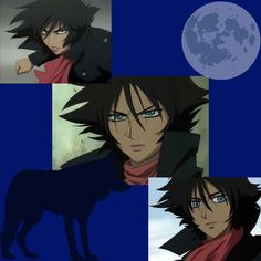 an anime character with blue eyes and black hair, standing in front of a full moon
