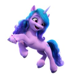 a purple pony with blue hair is flying through the air