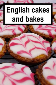 english cakes and bakes with pink swirls on the icing in front of them