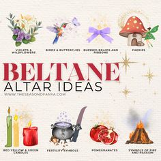 a poster with different types of altars and candles on it's front cover that says, bettane altar ideas