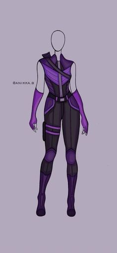 a drawing of a female character in purple and black clothes with her hands on her hips