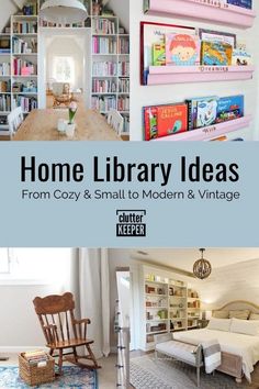 some bookshelves and chairs in a room with the words home library ideas from cozy to modern & vintage