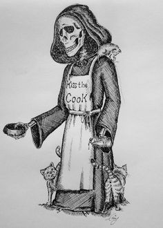 a drawing of a skeleton dressed as a cook