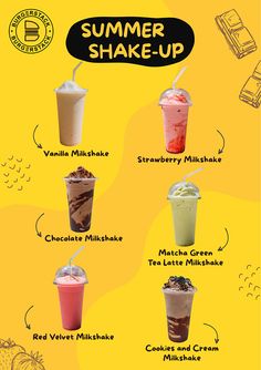 a poster with different types of ice creams on it's sides and the words summer shake - up written below