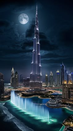 the burj tower is lit up at night with water fountains in front of it