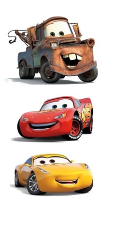 three different cars are shown in the same color and size, each with their own character