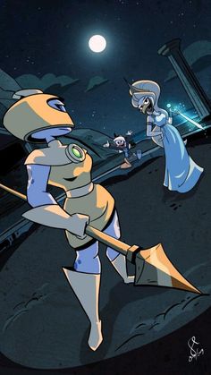 two cartoon characters are in the dark, one is holding a broom and the other is looking at something