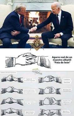 two men shaking hands in front of a fire place with words on it and an image of