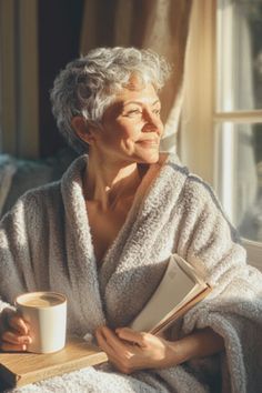 Close-up image of two older women smiling during a self-care activity by a window, with green foliage visible outside. This picture, one of at least two referenced images, sets a peaceful mood perfect for discussions about personal well-being.