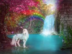 a white unicorn standing in the water next to a waterfall with a rainbow on it