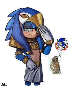 sonic the hedgehog is dressed up as an egyptian warrior and holding his hand to his face