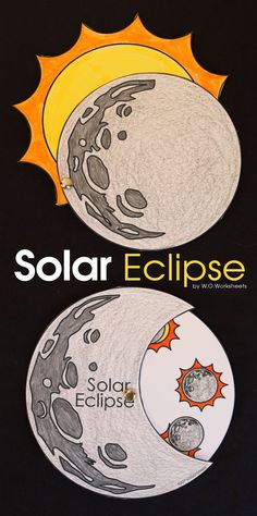 two drawings of the moon and sun with words solar eclipse written below them on black paper