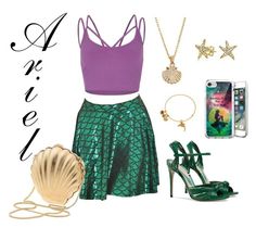 a woman wearing a purple top, green skirt and high heeled sandals is standing in front of a cell phone