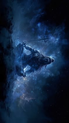 a man riding on the back of a horse in space