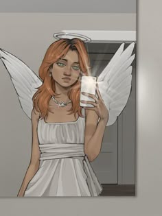 a girl with angel wings holding a cell phone