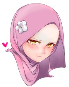 a drawing of a girl with pink hair and yellow eyes wearing a headscarf