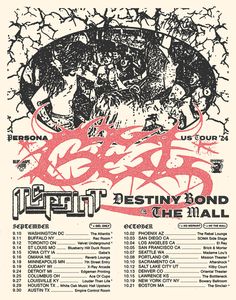 an event poster with the band's dates in red and black ink on white paper
