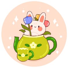 a cartoon bunny in a teapot with flowers