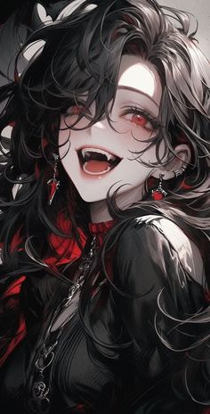 a woman with long black hair and red eyes