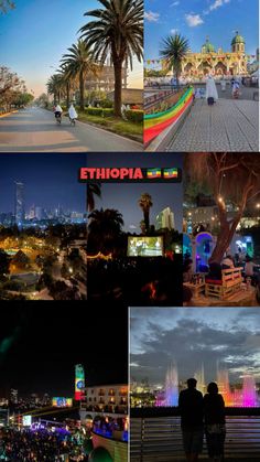 the collage shows many different images of people and places around the world at night