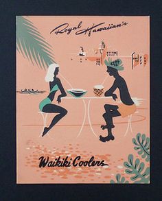 two people sitting at a table in front of a palm tree and the words royal hawaiians written on it