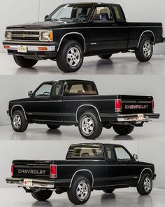 four different pictures of the same black pickup truck